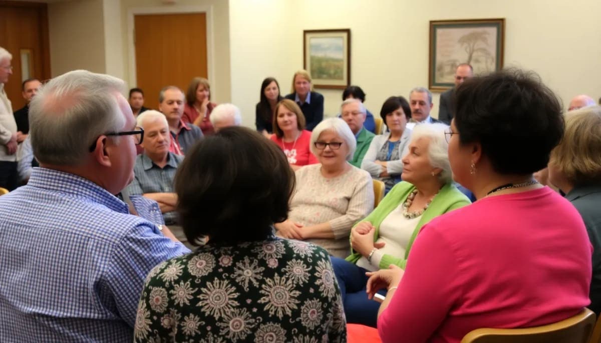 Residents in a town hall meeting discussing local issues with a politician.