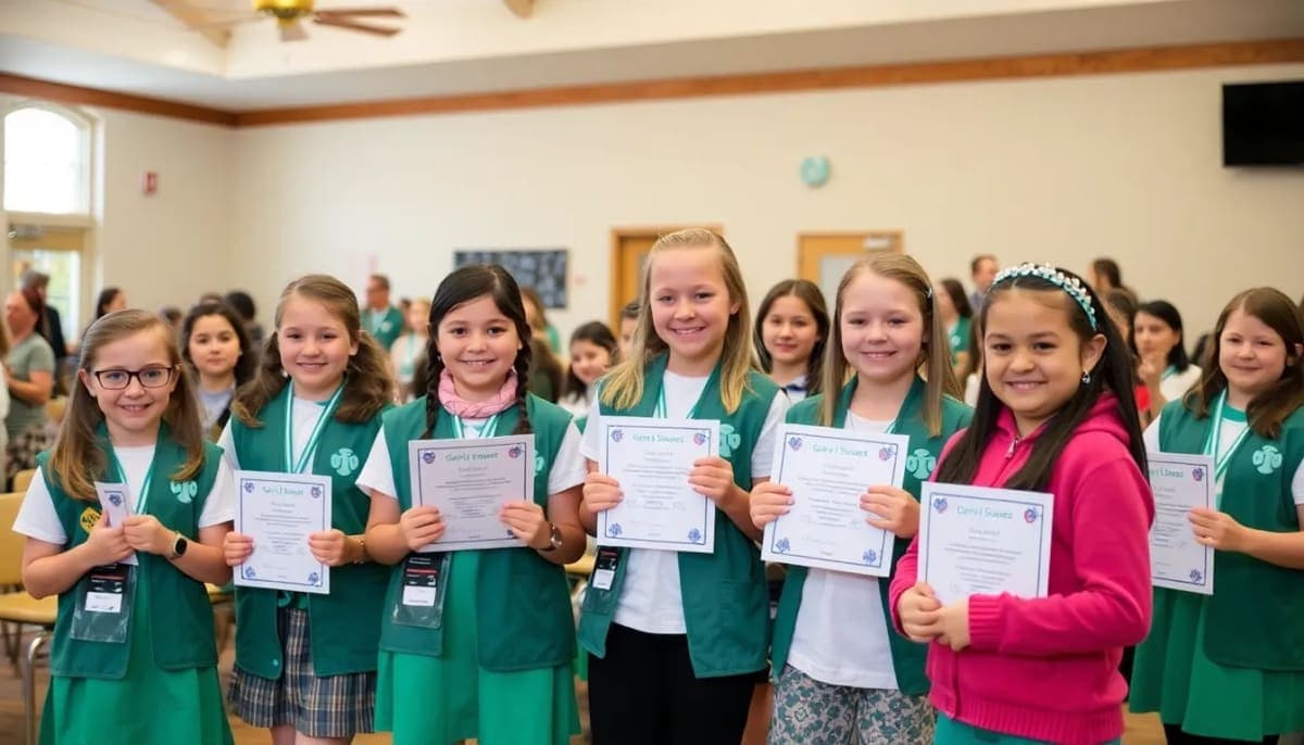 Girl Scouts receiving awards in Pelham Manor community center ceremony.