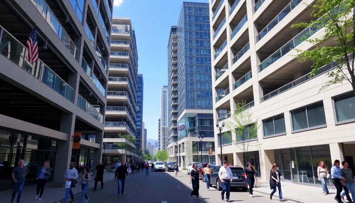 New Rochelle downtown parking garages filled with cars and busy pedestrians.