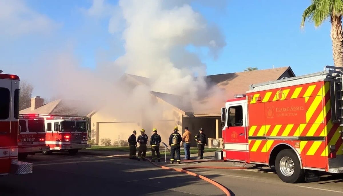 Firefighters responding to a residential fire in Orange Lake, showing smoke and emergency vehicles.