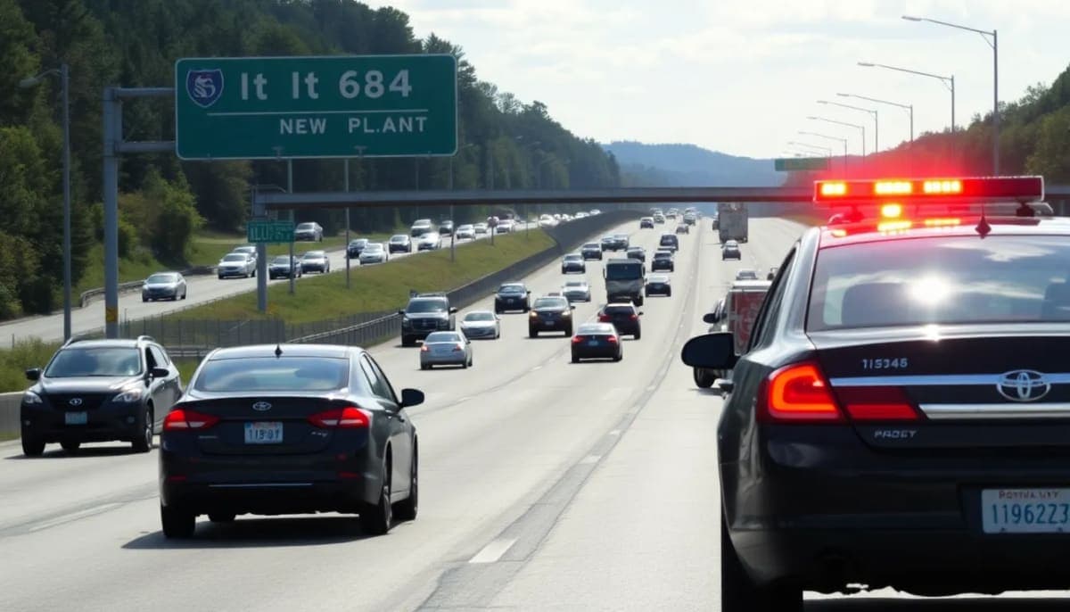 A police car on I-684 in Westchester County with traffic in view.