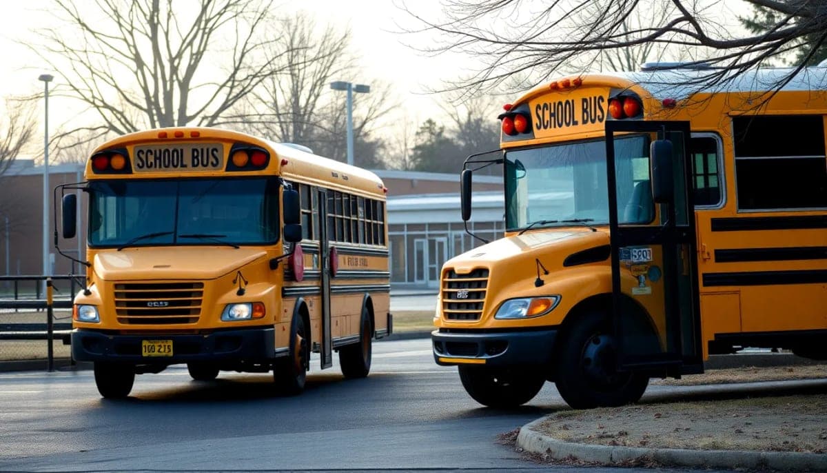 Exterior view of a school bus parked at a Westchester County middle school.