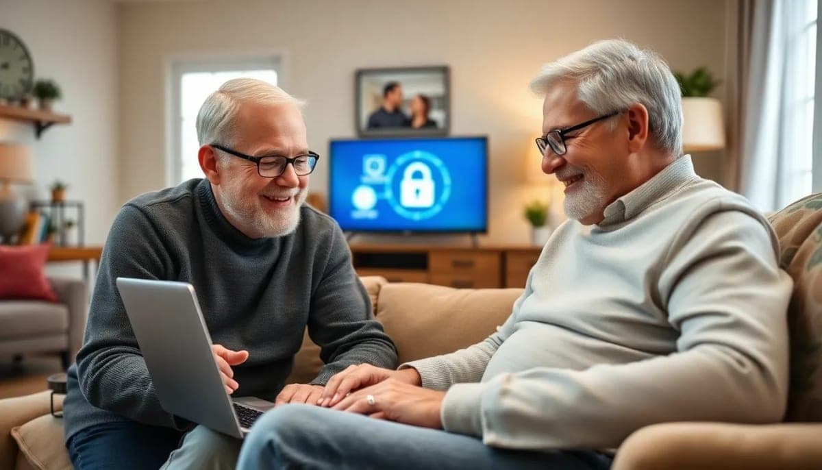 Senior couple learning about online safety in their living room.