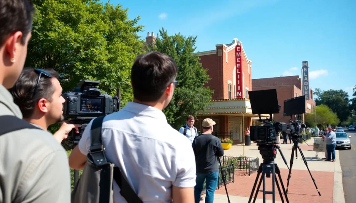 Mamaroneck's Emelin Theatre surrounded by greenery during film production.