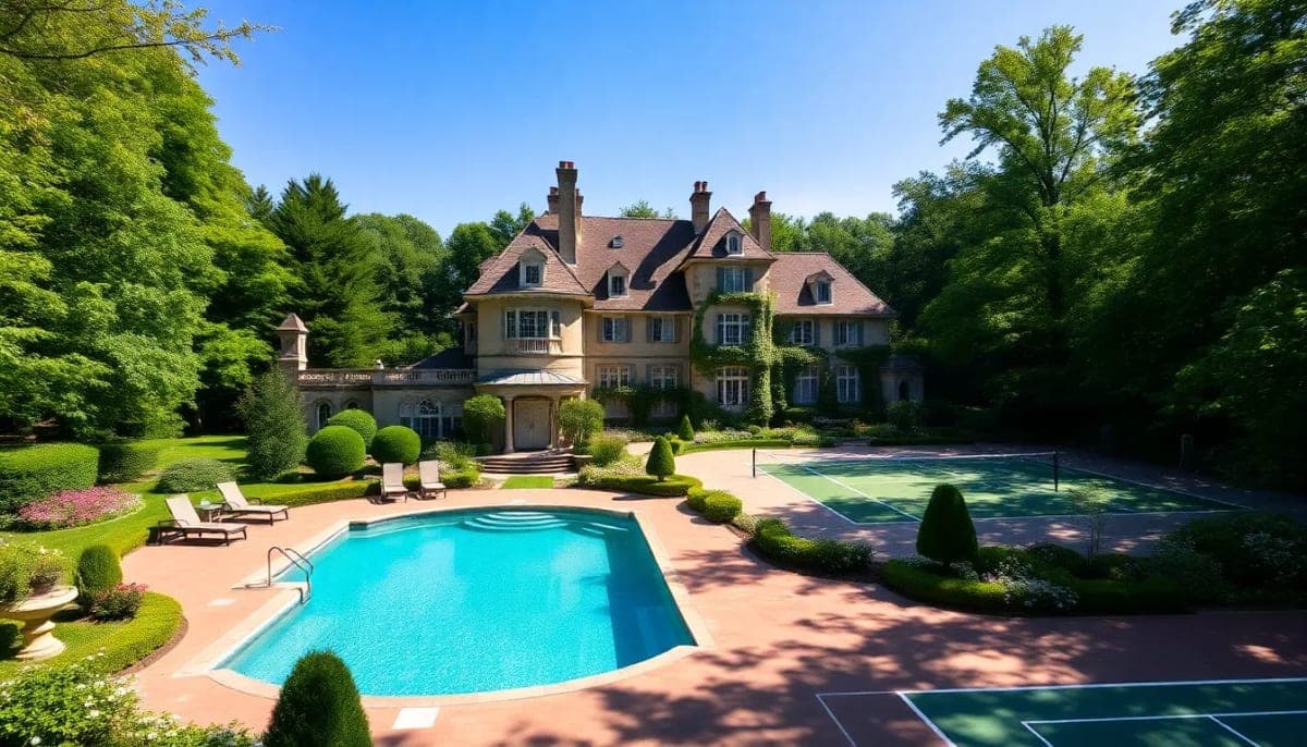 Historic estate in Bedford, Westchester County, featuring gardens and luxury amenities.