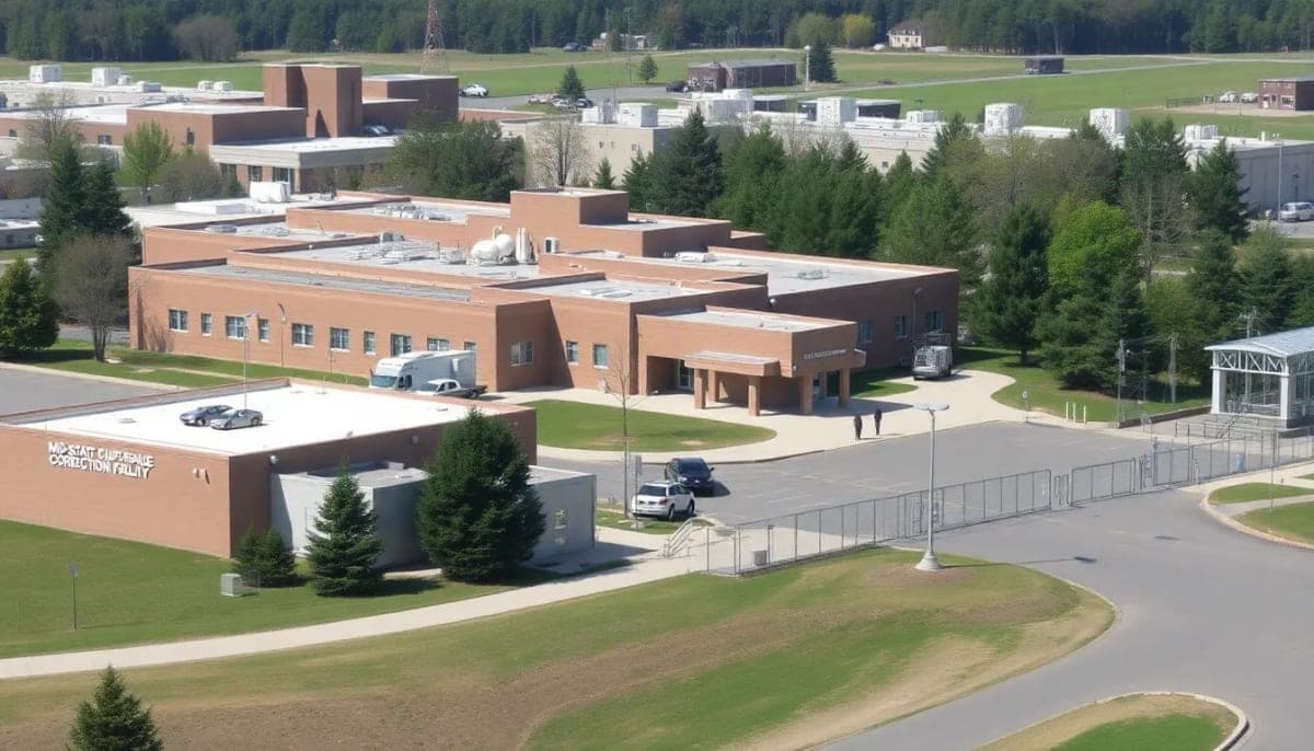 Mid-State Correctional Facility exterior view highlighting security features.