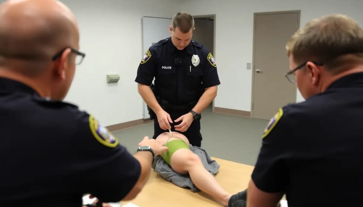 Police officer applying a tourniquet during training session in Westchester.