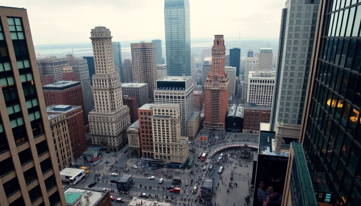 Wall Street overview depicting economic activity and wealth in New York.