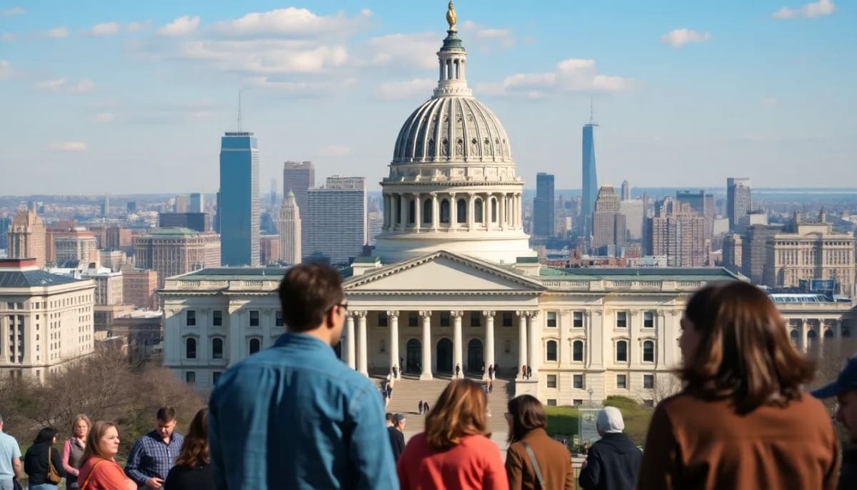 New York State Capitol with citizens discussing state budget issues