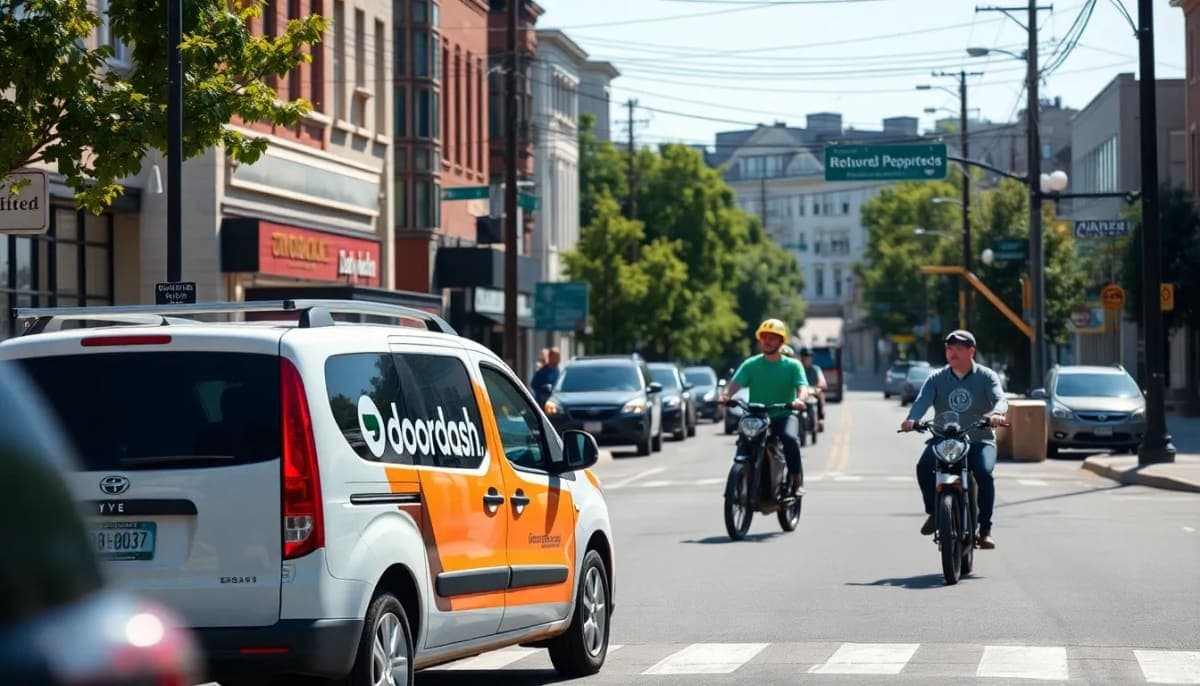 Westchester street scene with DoorDash delivery vehicle parked.