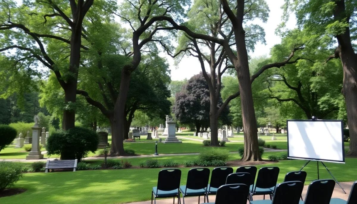 Scenic view of Kensico Cemetery with trees and seminar setup