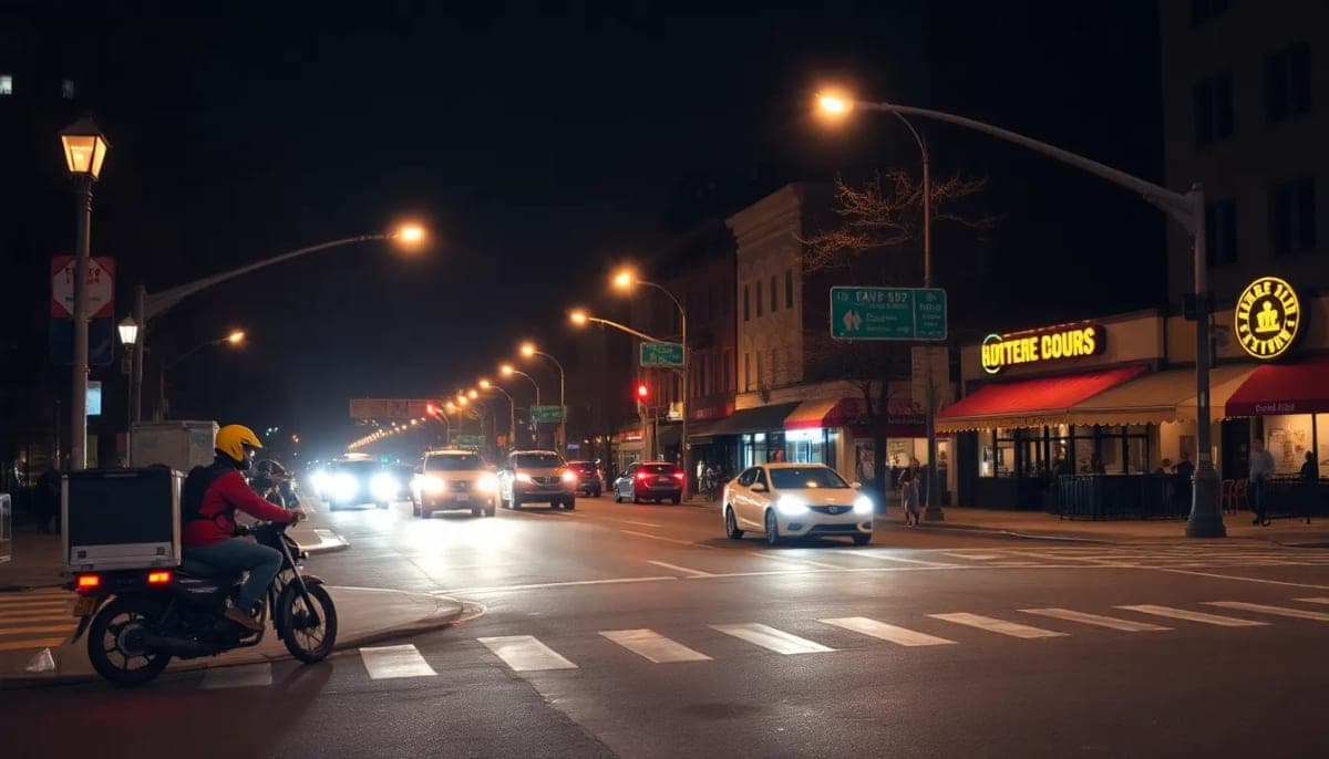 Nighttime scene in White Plains, NY, illustrating the challenges faced by delivery drivers.