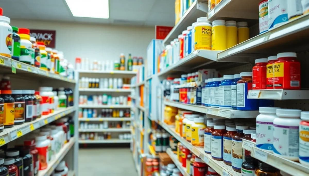 Dietary supplements displayed in a Westchester pharmacy, some labeled as recalled.