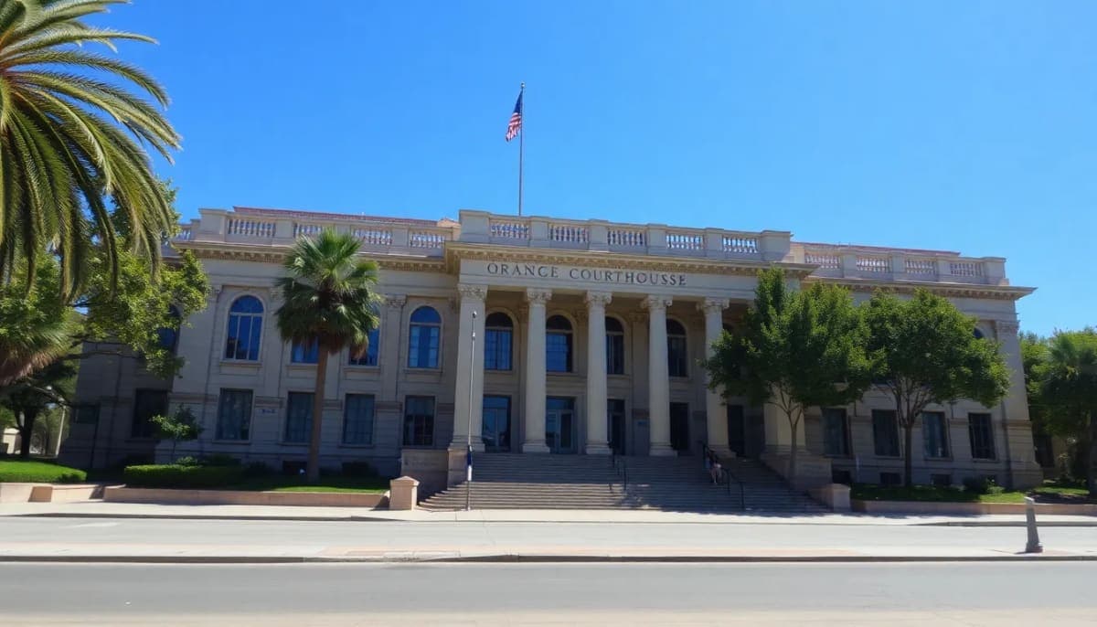 Exterior of the Orange County Courthouse on a clear day.