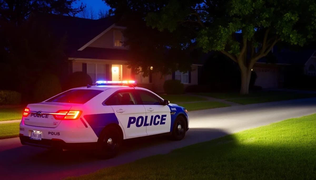 Police car in suburban neighborhood emphasizing community safety.