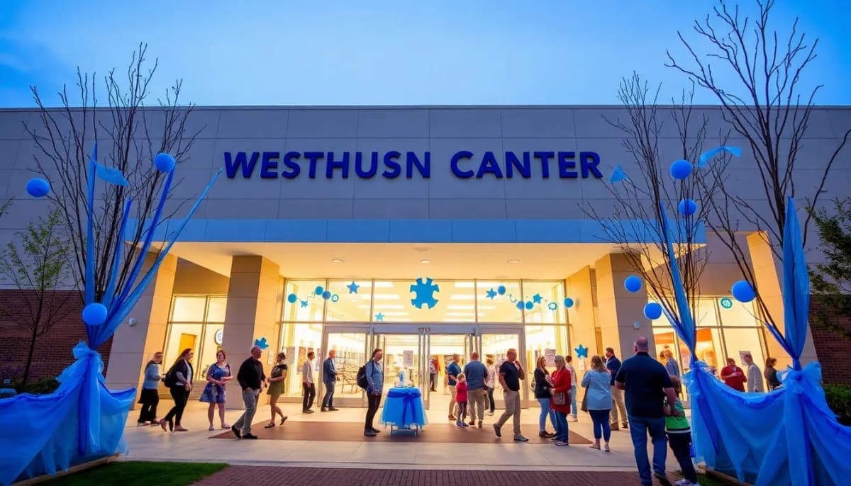 Exterior of Westchester County Center during the Light It Up Blue event for autism awareness.