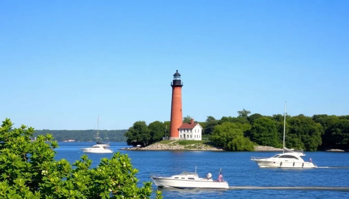 Tarrytown Lighthouse on the Hudson River with clear blue sky.