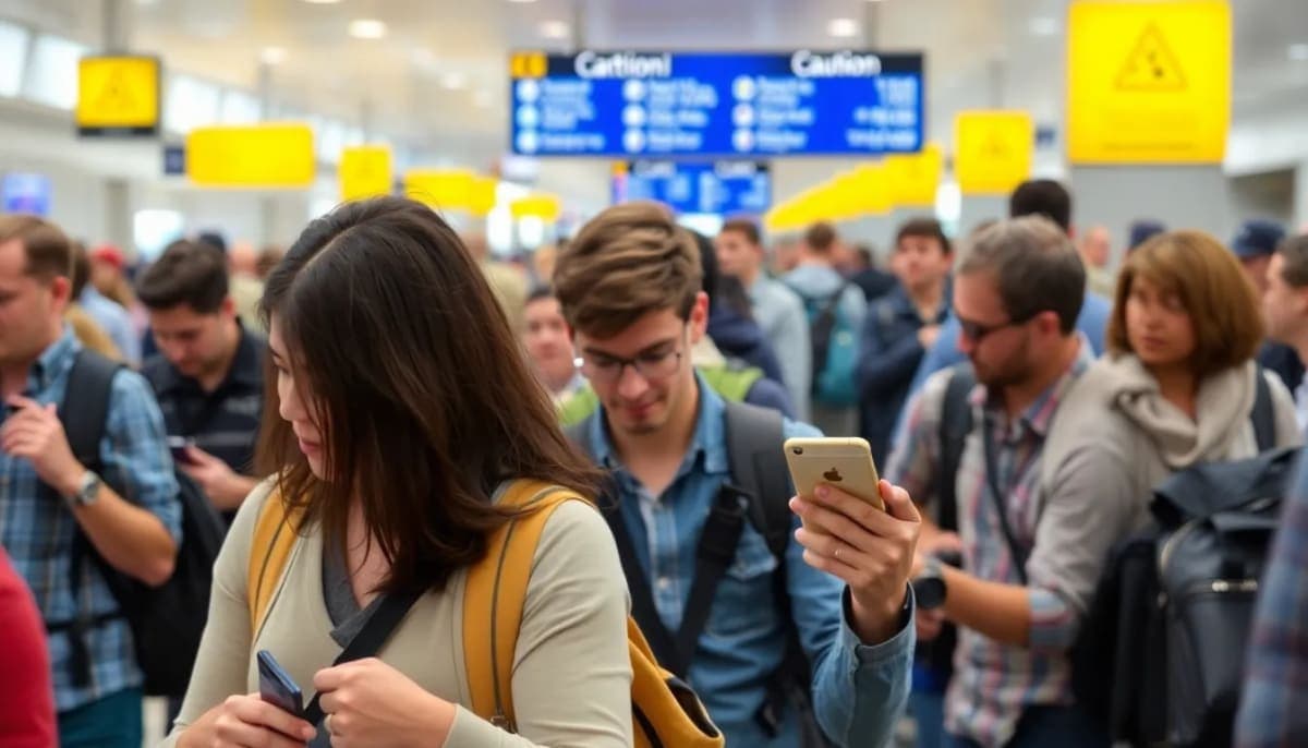Travelers at an airport observing photography restrictions notice.