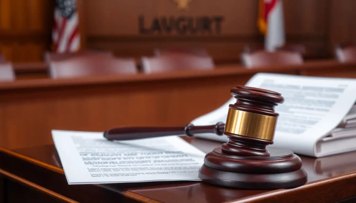 Courtroom scene representing a lawsuit over campaign financing.