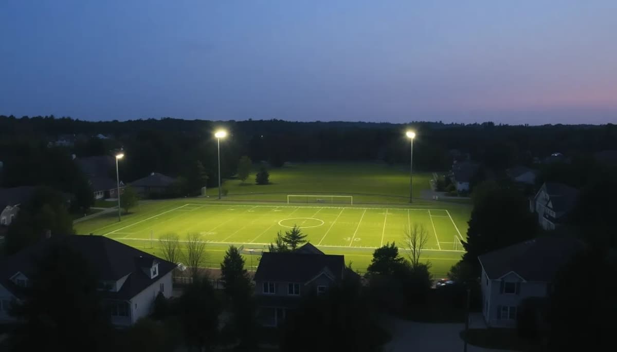 Pleasantville athletic field with turned-off field lights near homes.