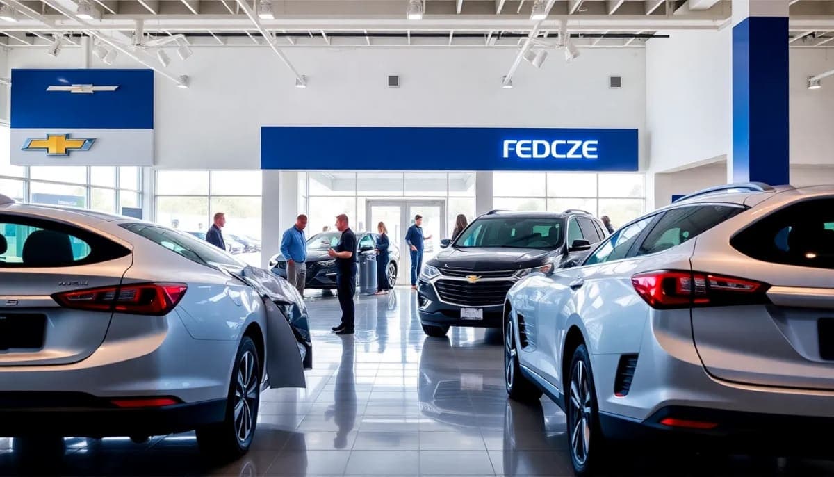 Chevrolet models on display at a dealership, including Malibu and Equinox.