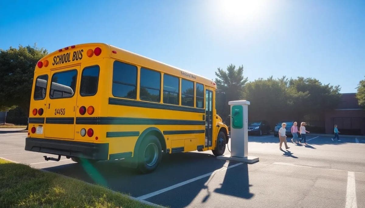 Electric school bus charging in Westchester County with children nearby.