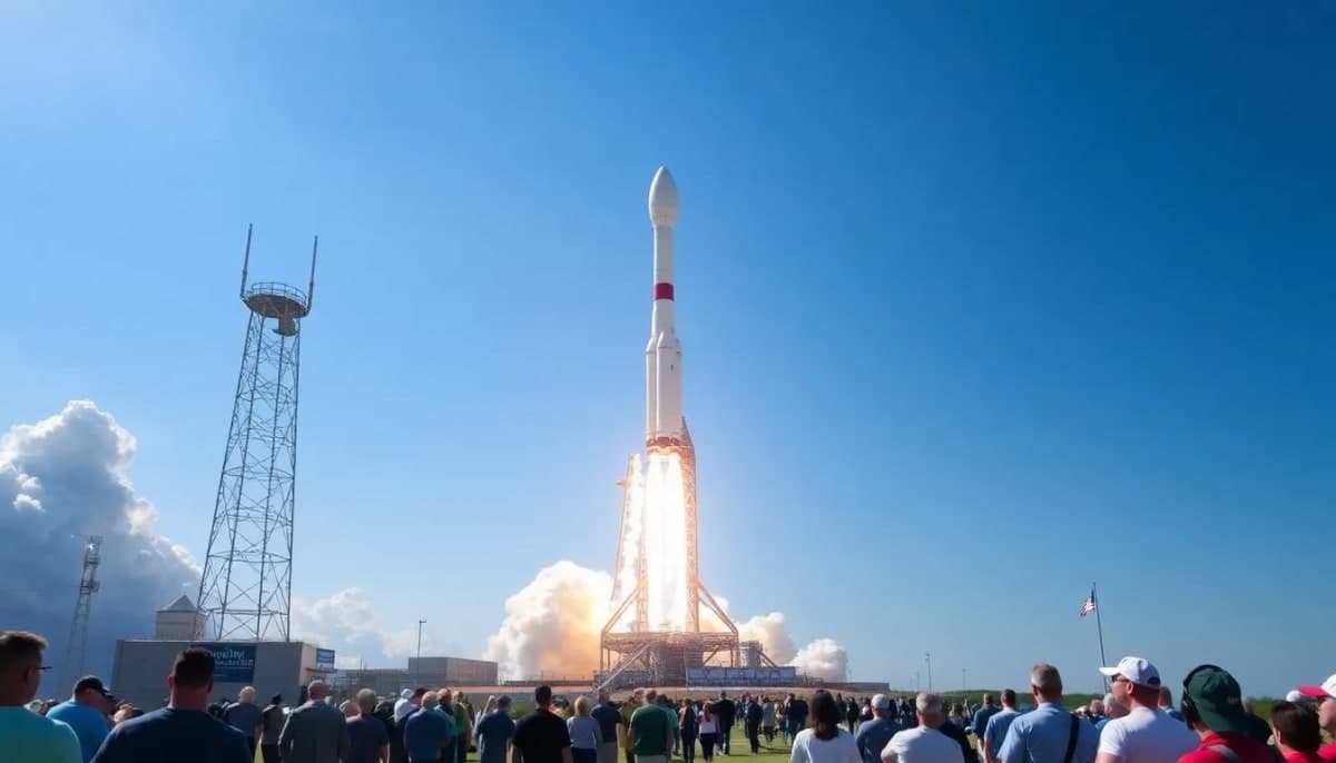 Artemis II rocket launch at Kennedy Space Center with a clear blue sky.