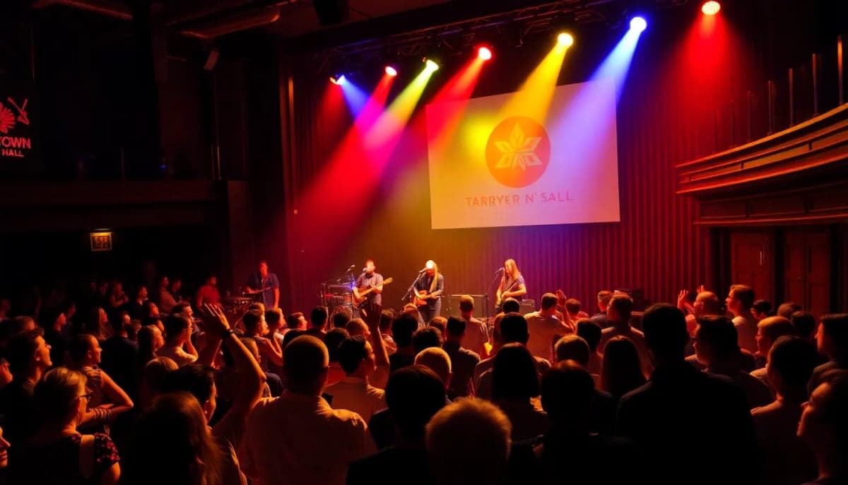 Concert crowd enjoying Micky Dolenz performing Monkees songs in Tarrytown.