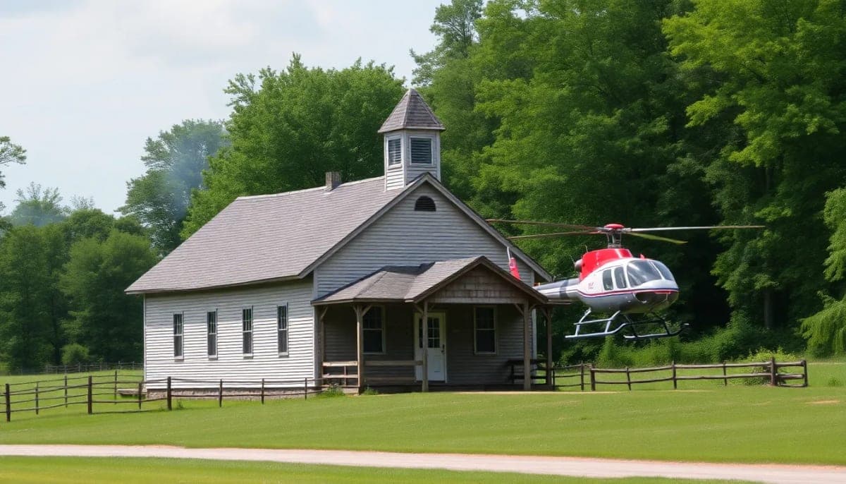 Amish schoolhouse with emergency response scene in the background.