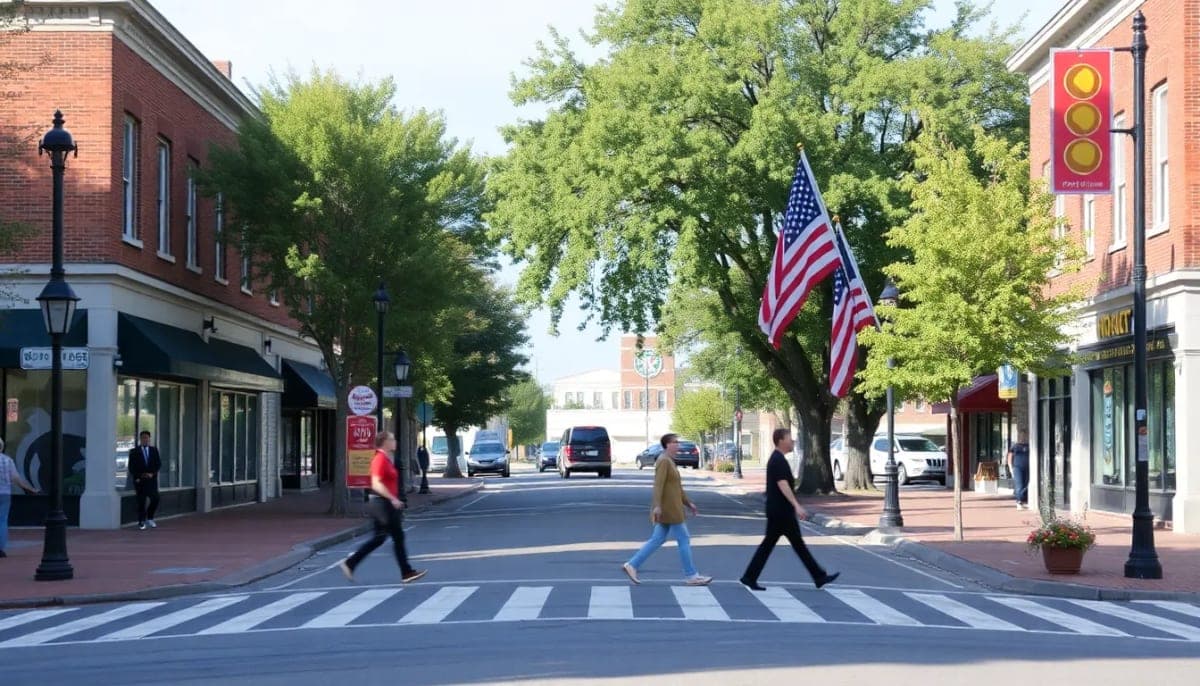 Pedestrian crossing in a Rivertown with flags for safety.