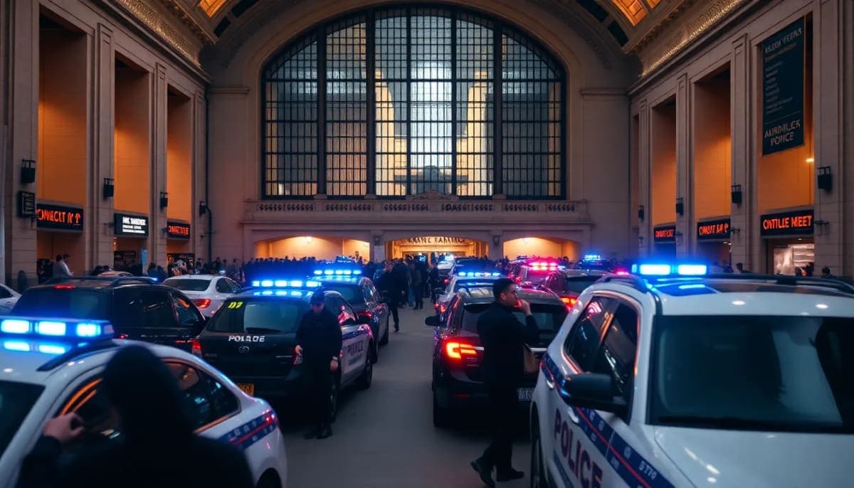 Grand Central Terminal during police emergency response, showcasing public safety concerns.