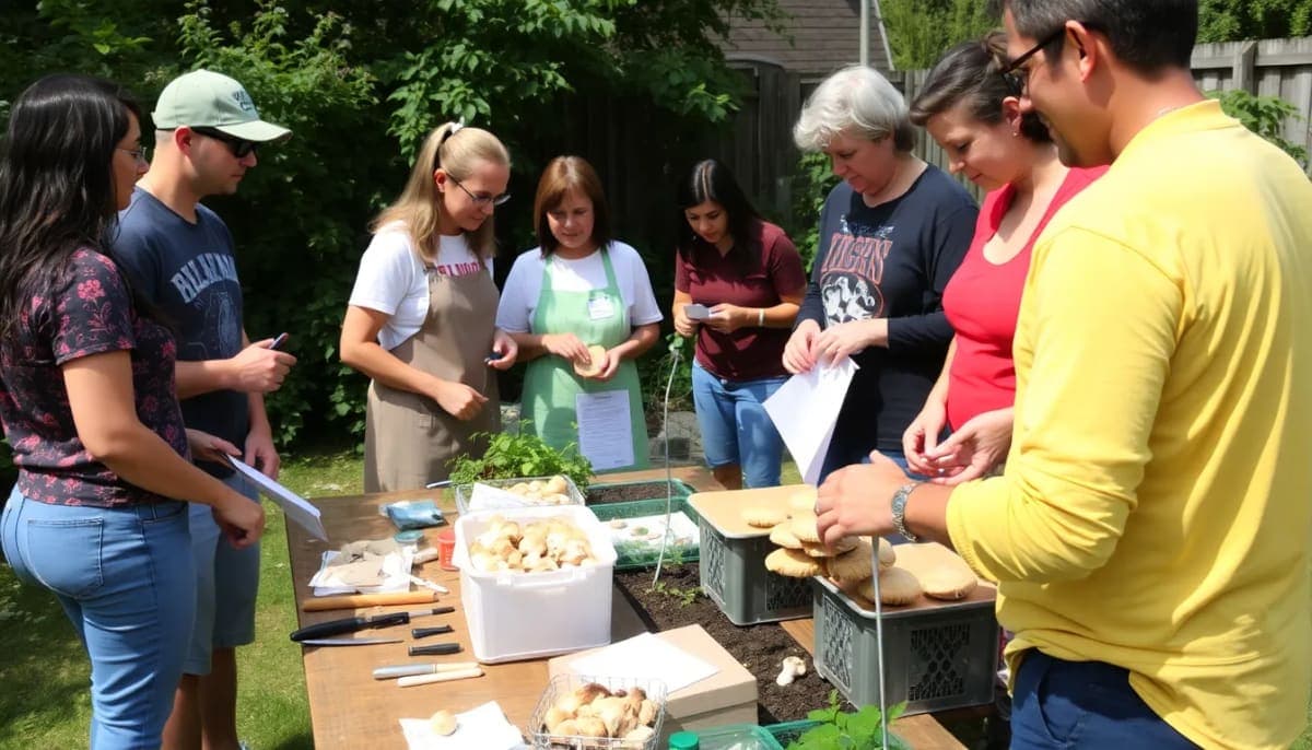 Workshop participants learning to grow mushrooms in a community garden.