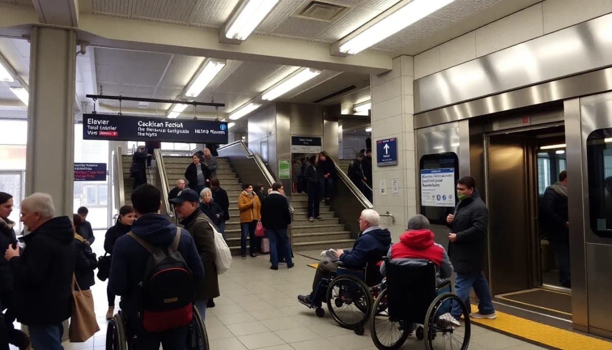 A busy scene at Peekskill Metro-North station showing a broken elevator and wheelchair users.