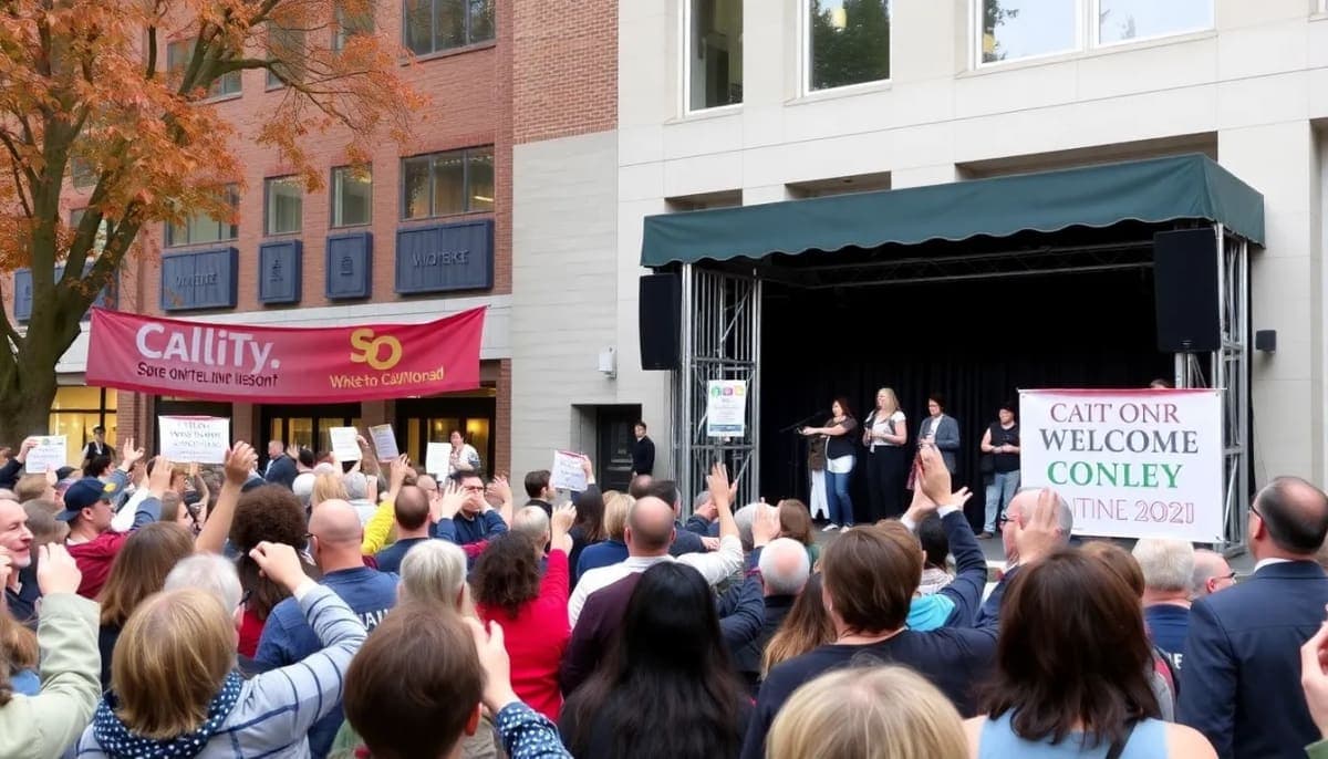 Crowd celebrating Cait Conley's return home at White Plains Civic Center.