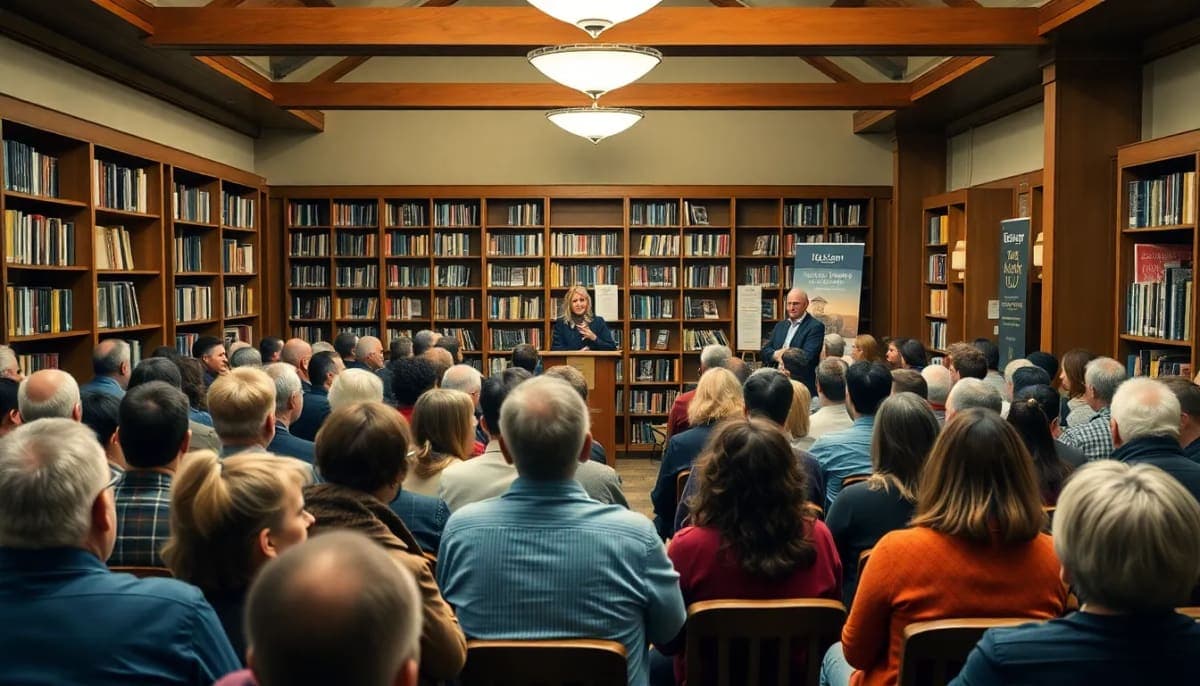 Authors Stephanie Dray and Laura Kamoie speaking at John C. Hart Memorial Library event.