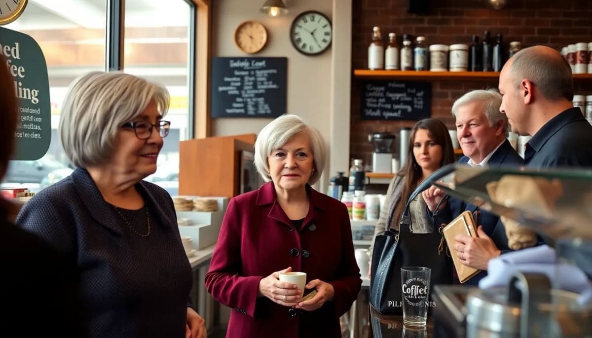 Treasury Secretary Yellen visiting a White Plains coffee shop, engaging with local business owners.
