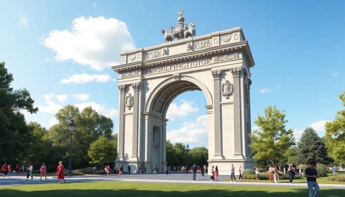 Rendering of a 250-foot Triumphal Arch in Westchester with lush surroundings.