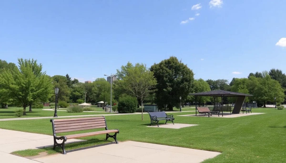 Public park in Westchester with benches showing signs of hostile architecture.