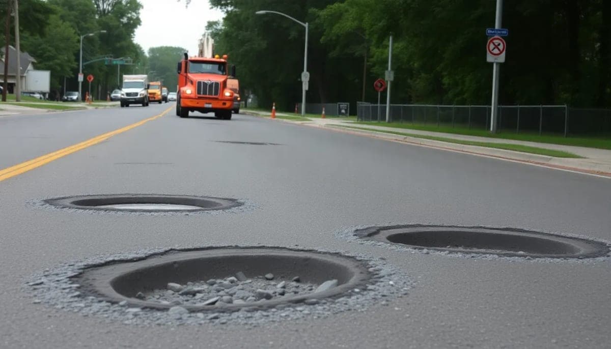Road repair workers in Westchester fixing potholes in a busy street scene.