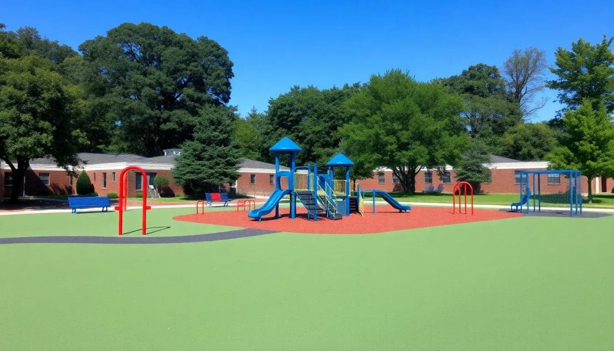Playground equipment at Pelham Elementary School, peaceful scene after troubling incident.
