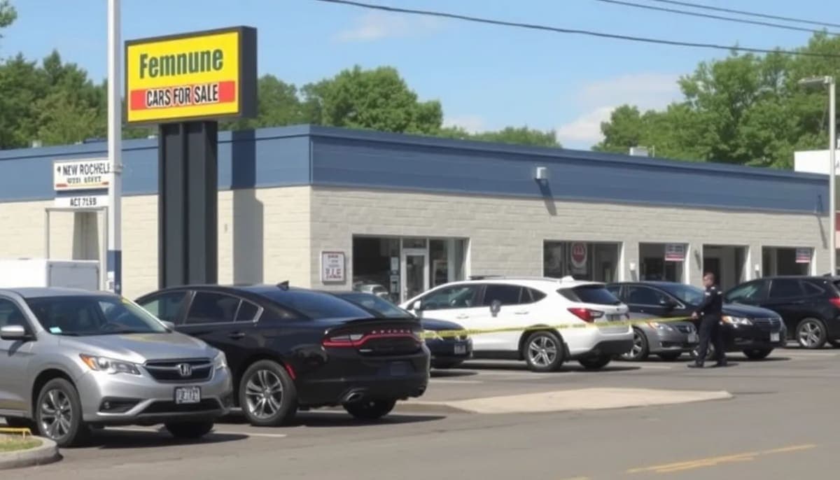New Rochelle car dealership with a police presence related to car theft issues.