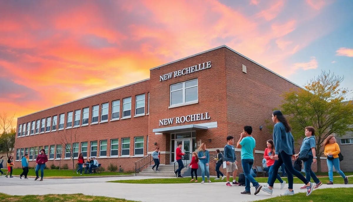 New Rochelle school building with students playing outside.
