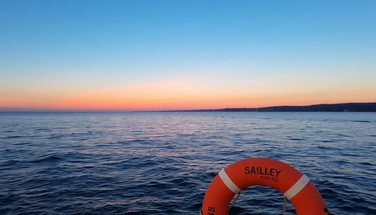 Coastal view of Long Island Sound with a lifebuoy, reflecting on water safety.