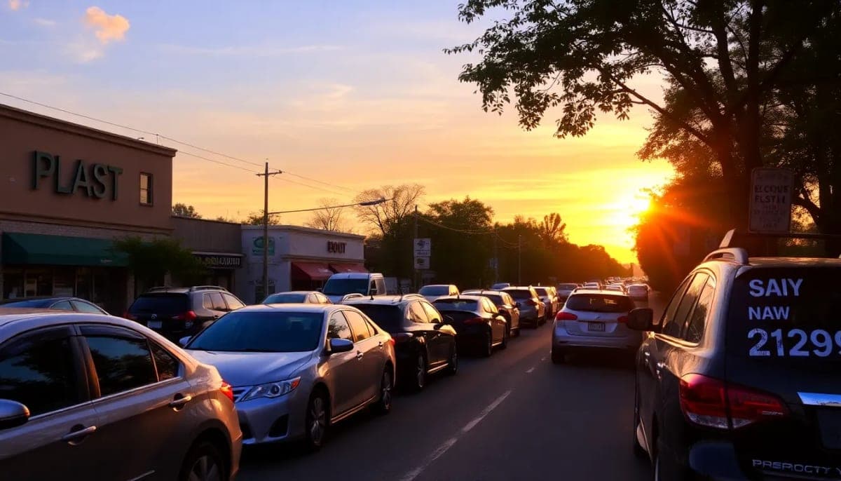 Sunset over a busy street in Westchester with shops and cars.