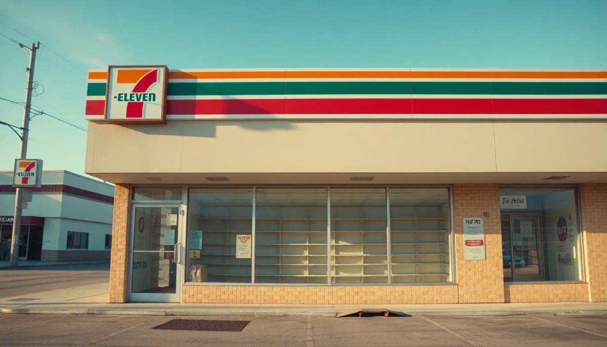 Empty 7-Eleven store front showing shelves, illustrating store closures news.