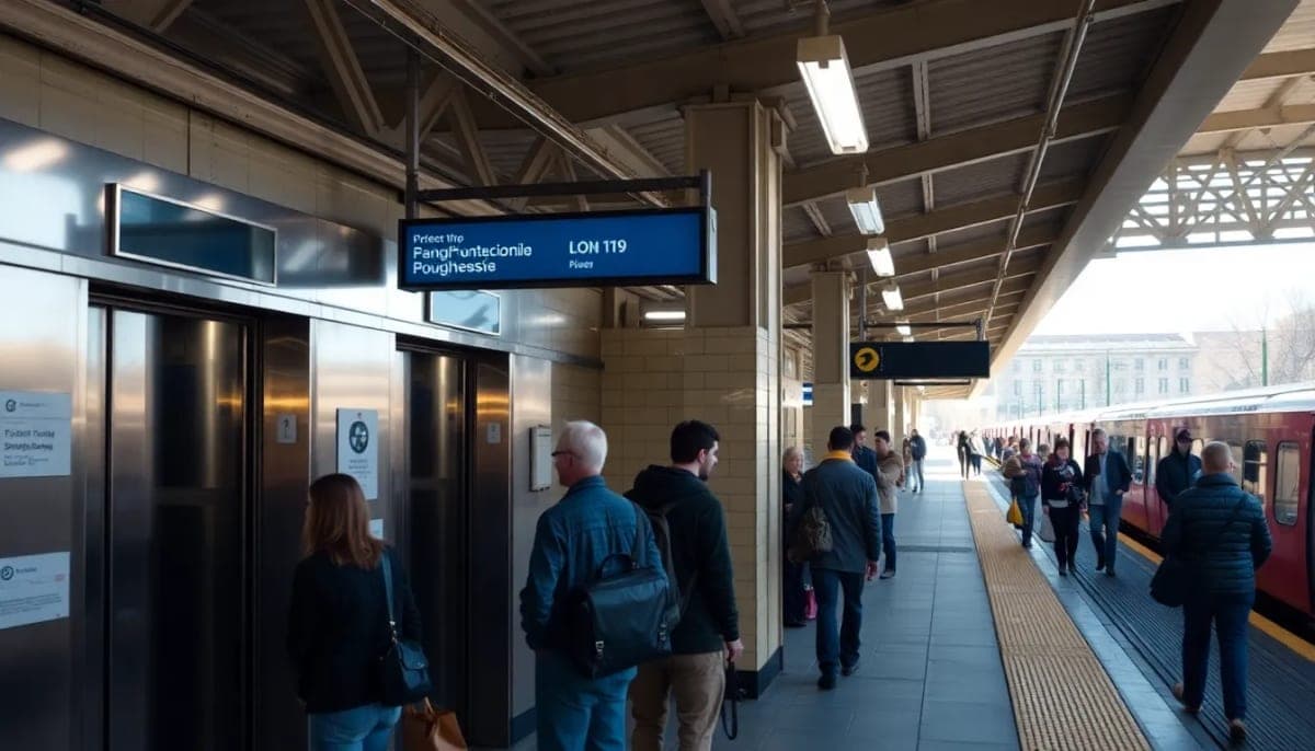 Poughkeepsie train station with broken elevators, busy commuters in view.