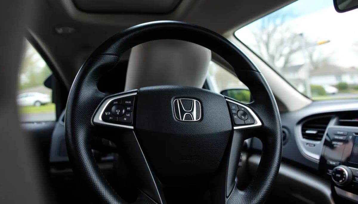 Interior view of a Honda vehicle highlighting air bag system in a suburban setting.