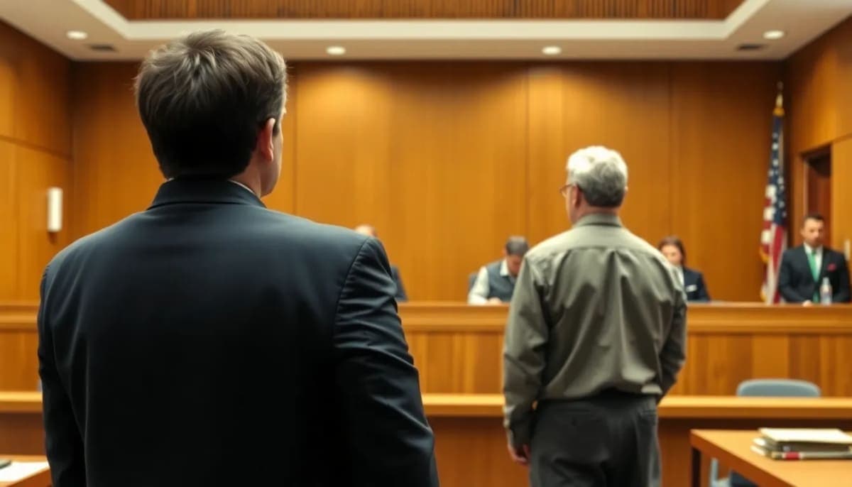 Courtroom scene depicting a judge presiding over a case involving a defendant.
