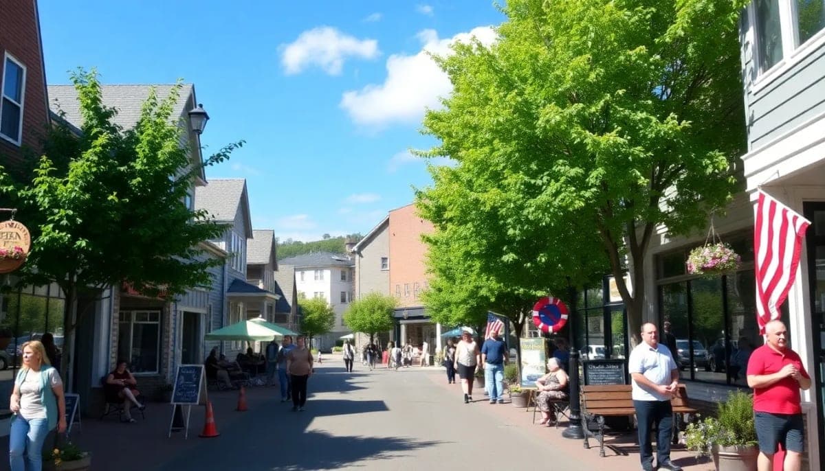 Pleasantville village center with local shops and community members.