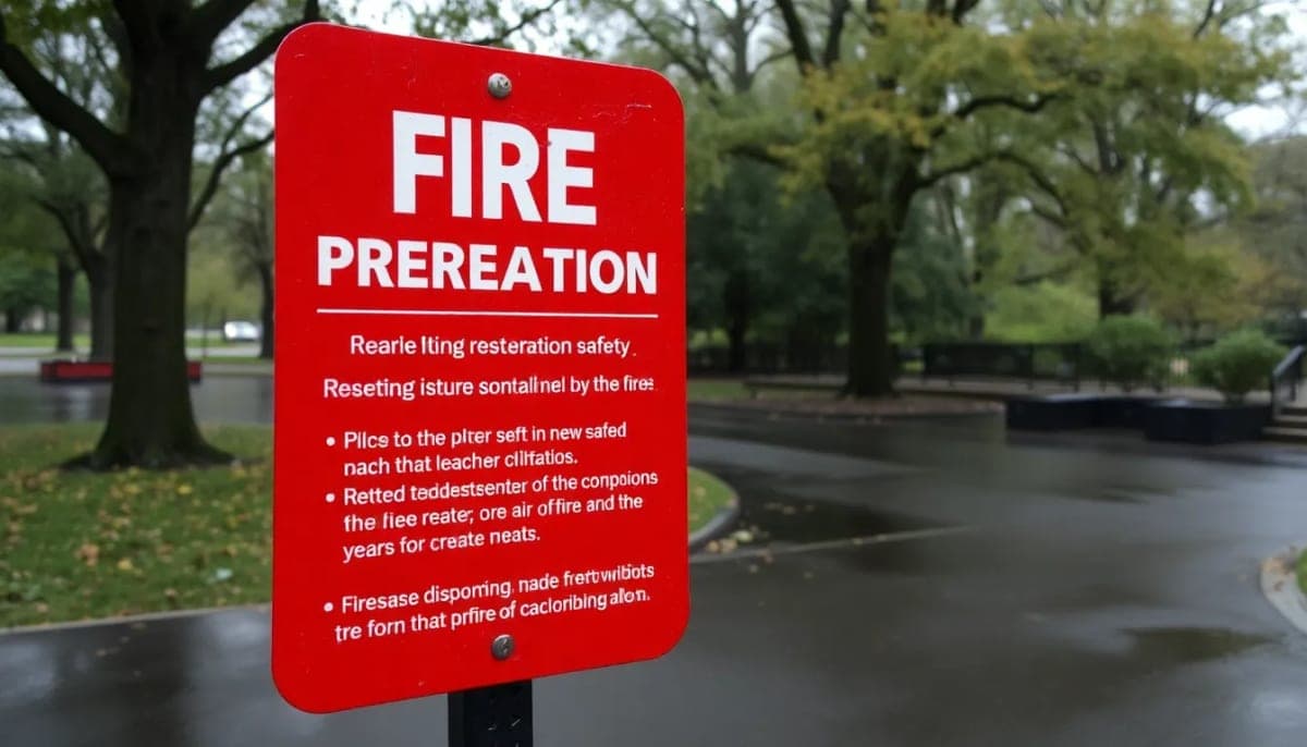 Rain-soaked park in Westchester with a fire prevention sign to highlight the burn ban.